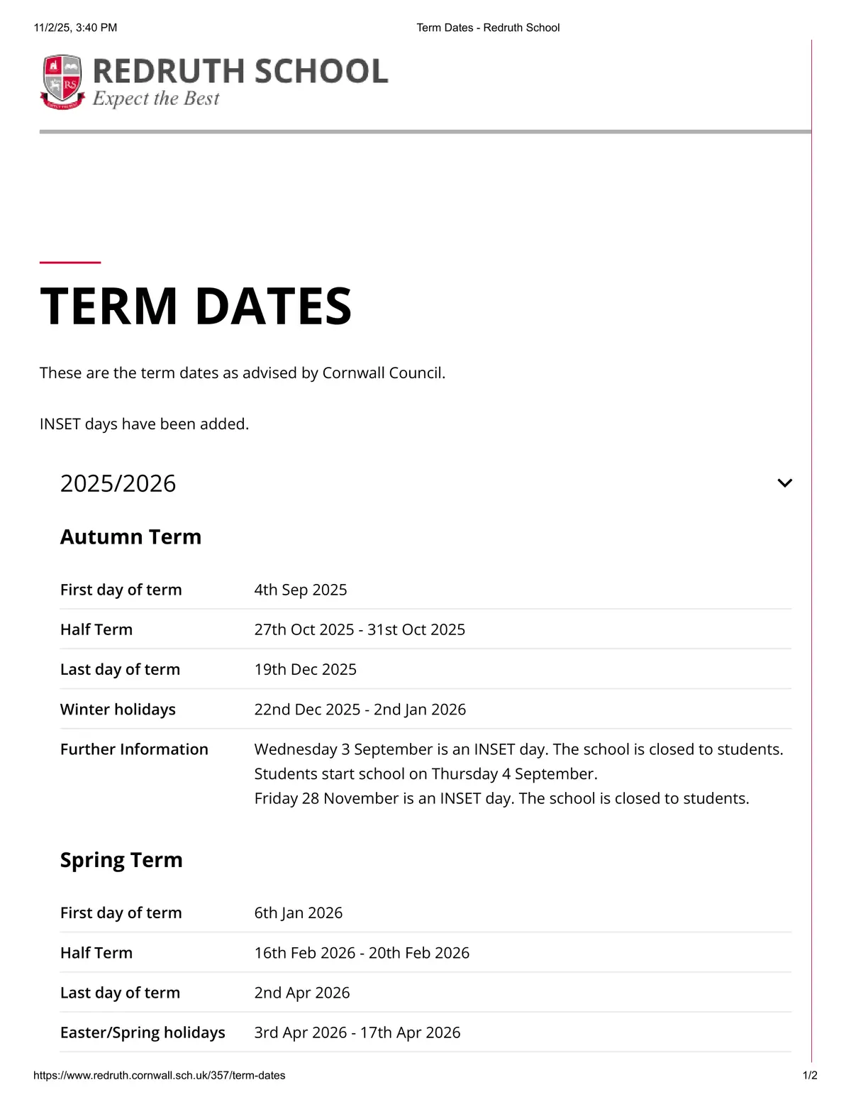 Redruth School term dates