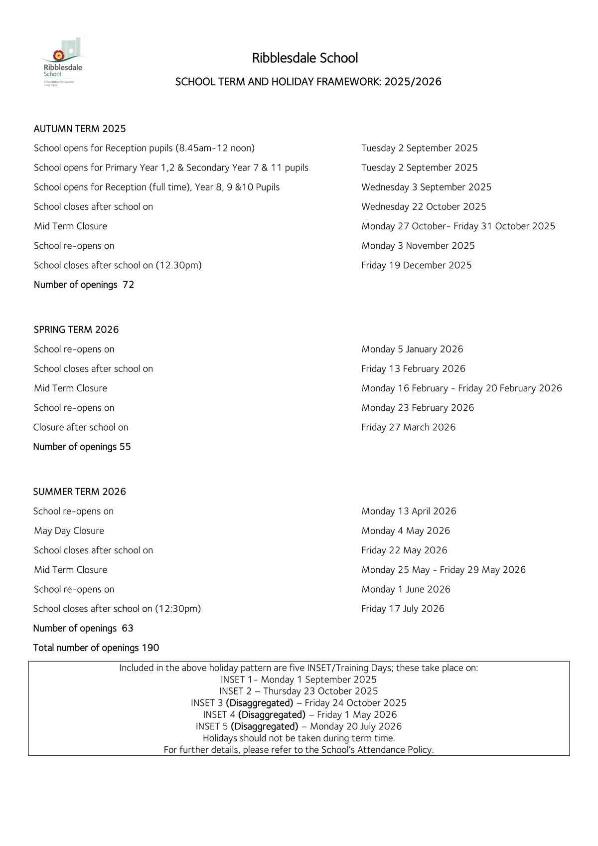 Ribblesdale School term dates