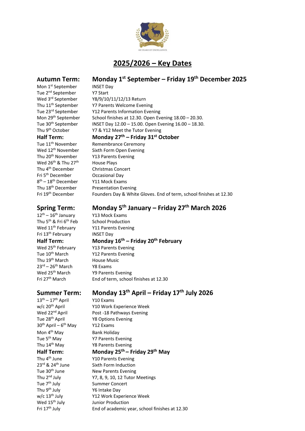 Richard Hale School term dates