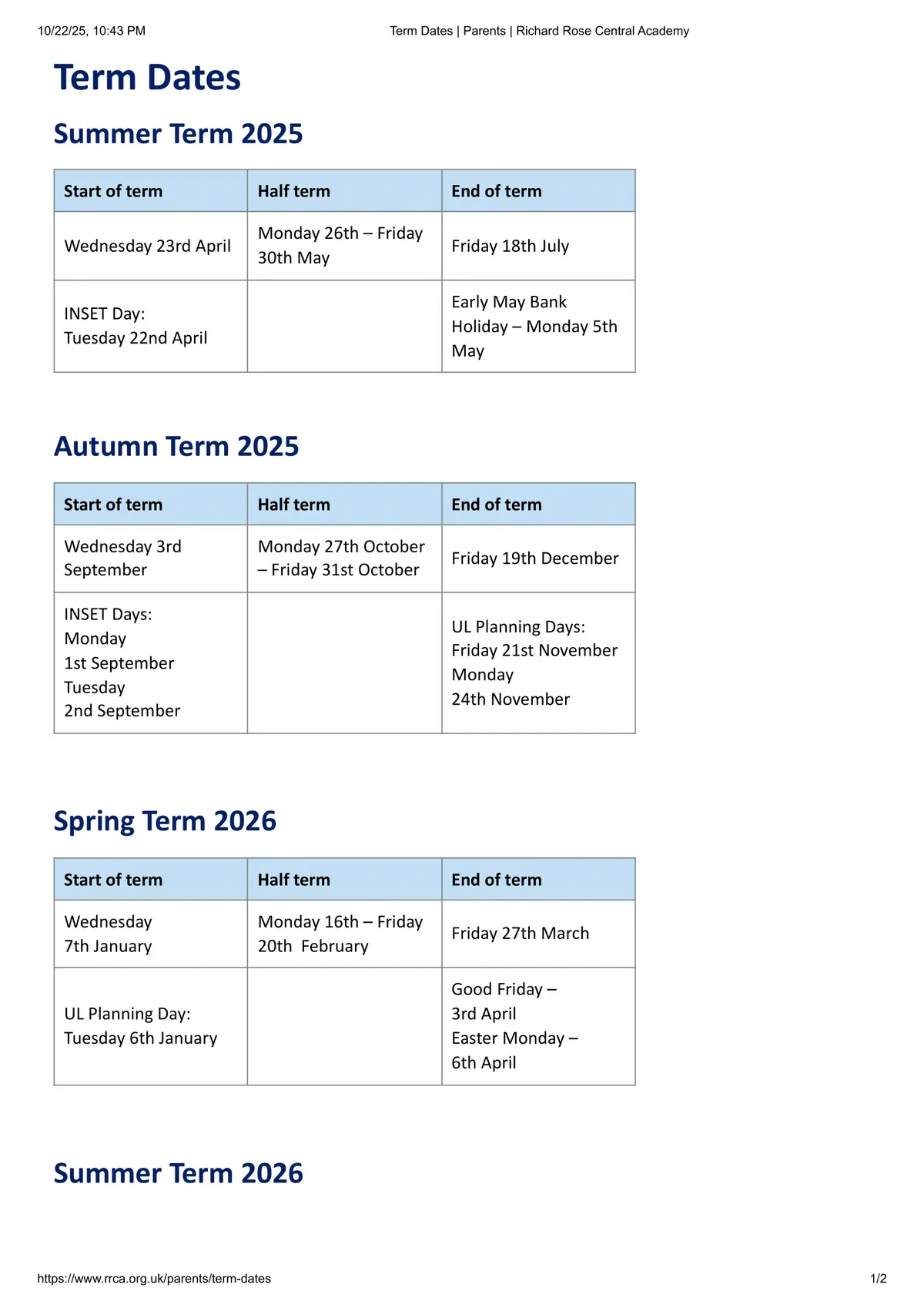 Richard Rose Central Academy term dates