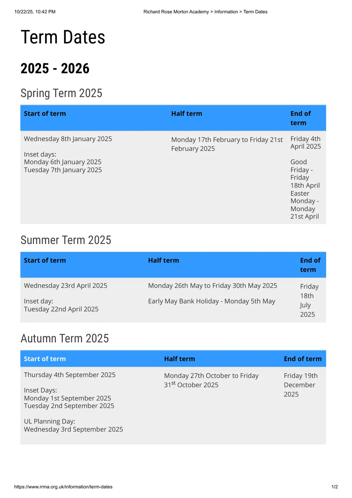 Richard Rose Morton Academy term dates