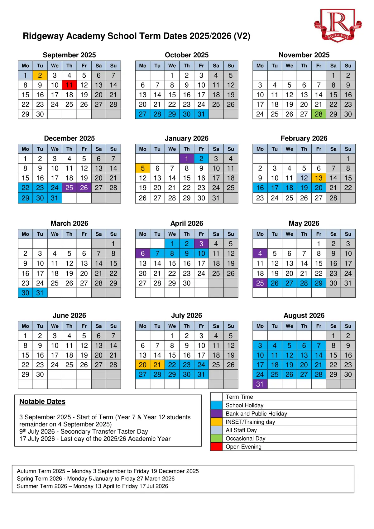 Ridgeway Academy term dates