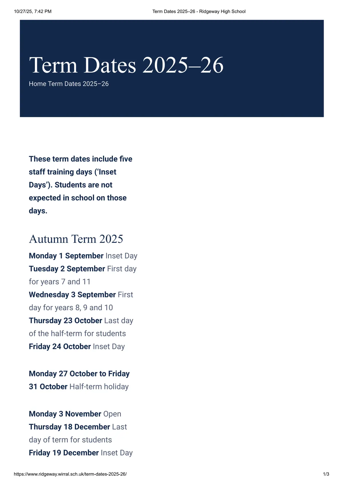 Ridgeway High School term dates