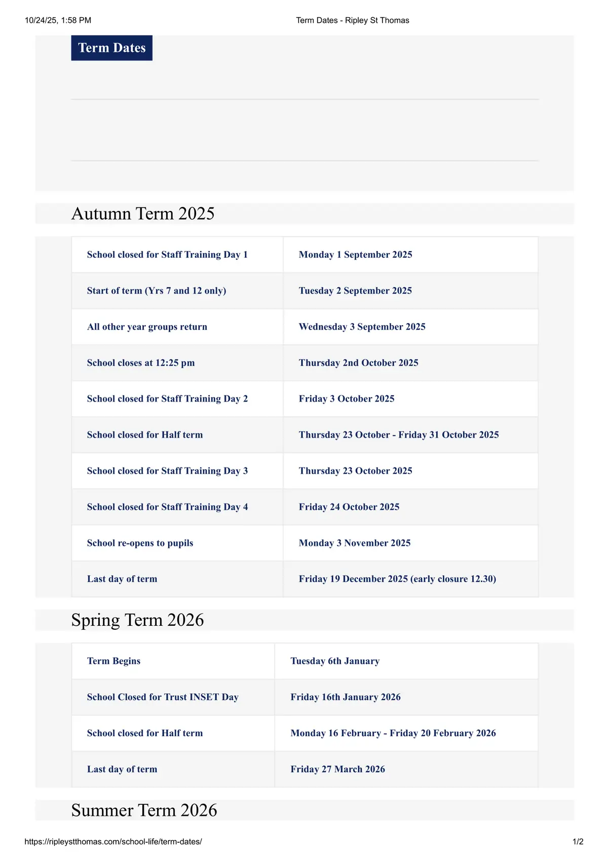 Ripley St Thomas Church of England Academy term dates