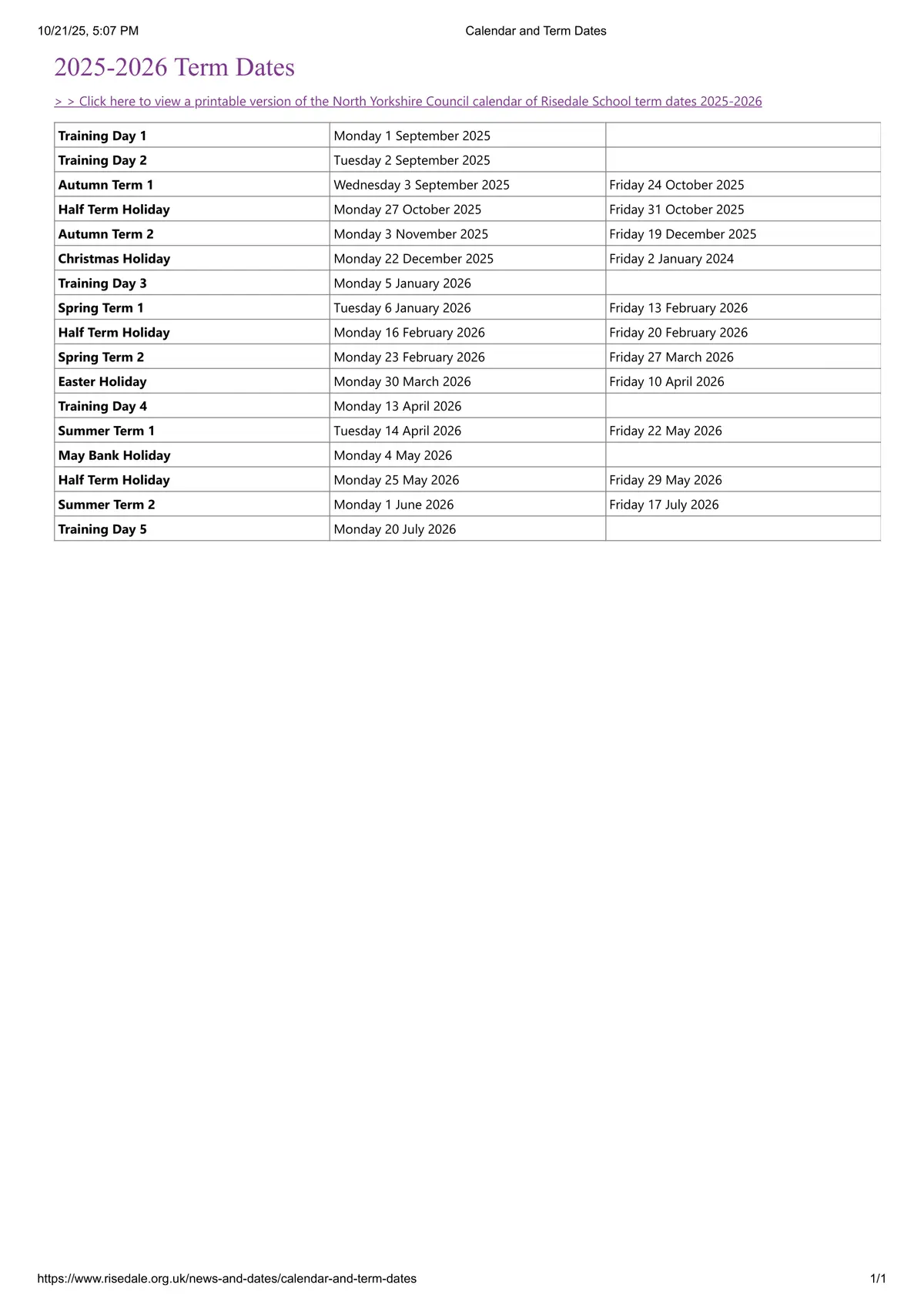 Risedale School term dates