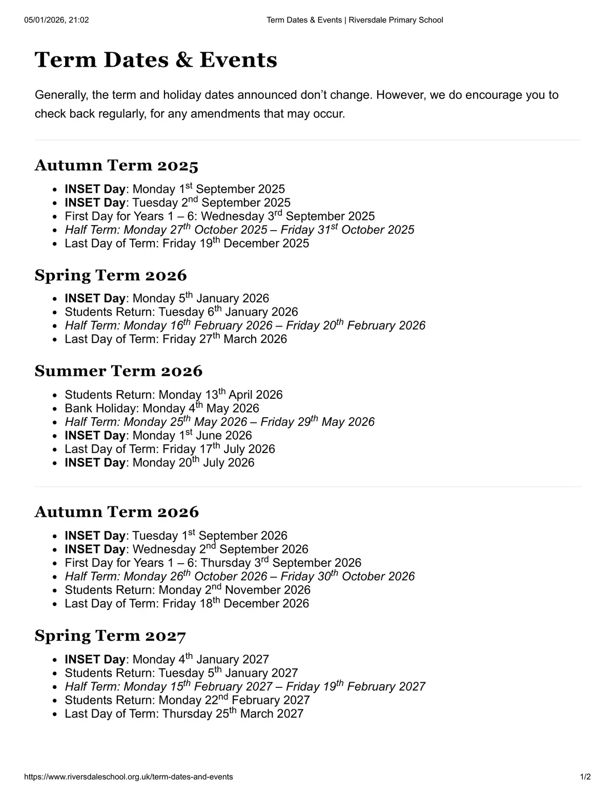 Riversdale Primary School term dates