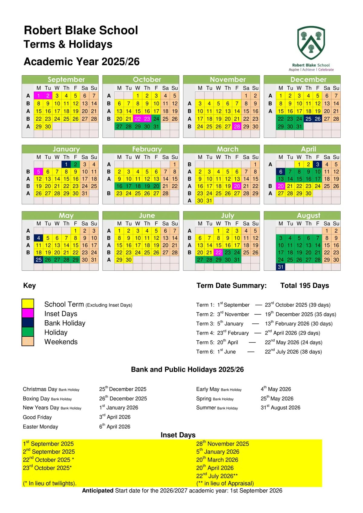 Robert Blake School term dates