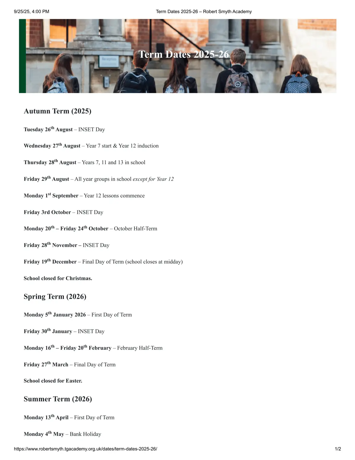 The Robert Smyth Academy term dates