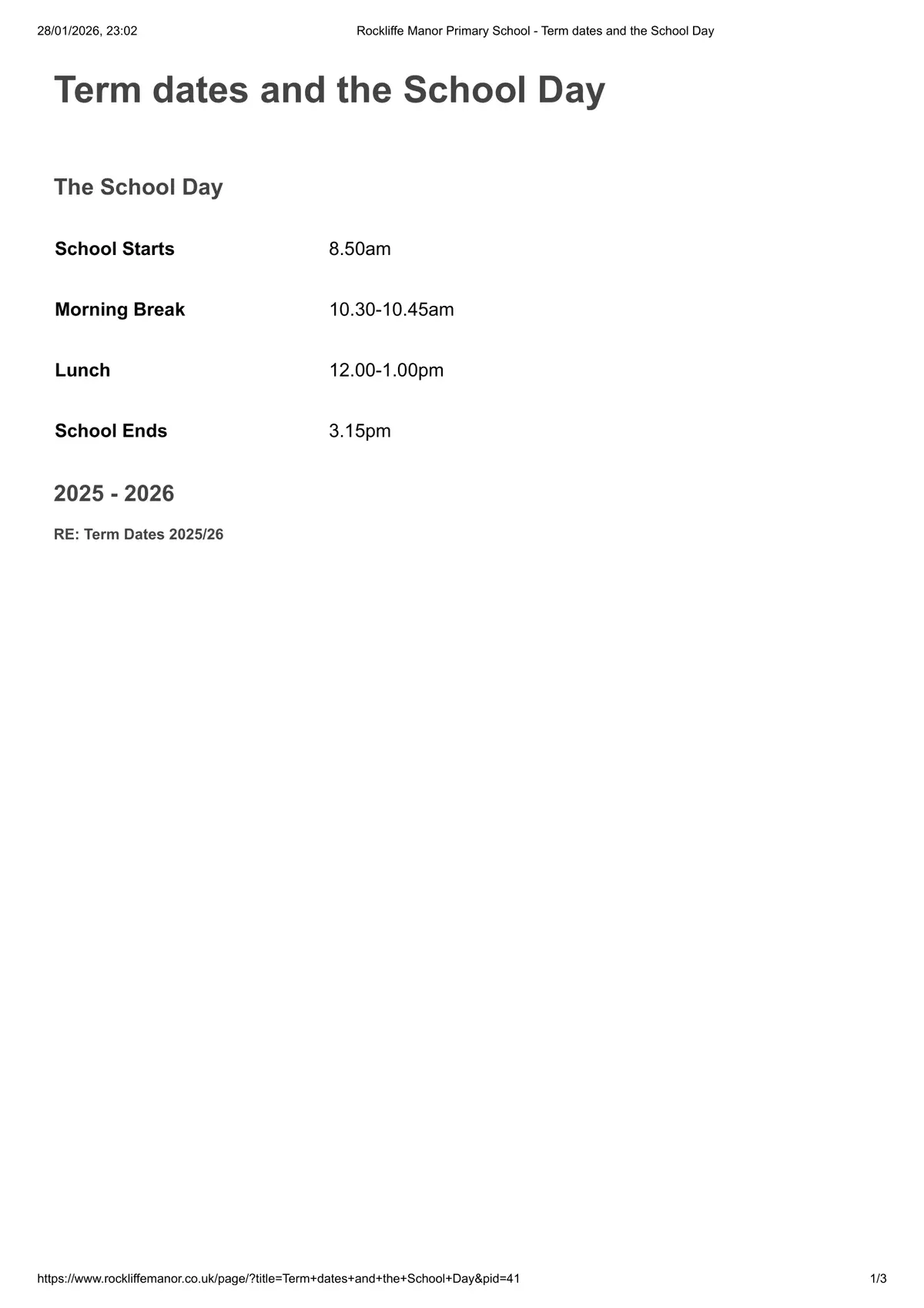 Rockliffe Manor Primary School term dates