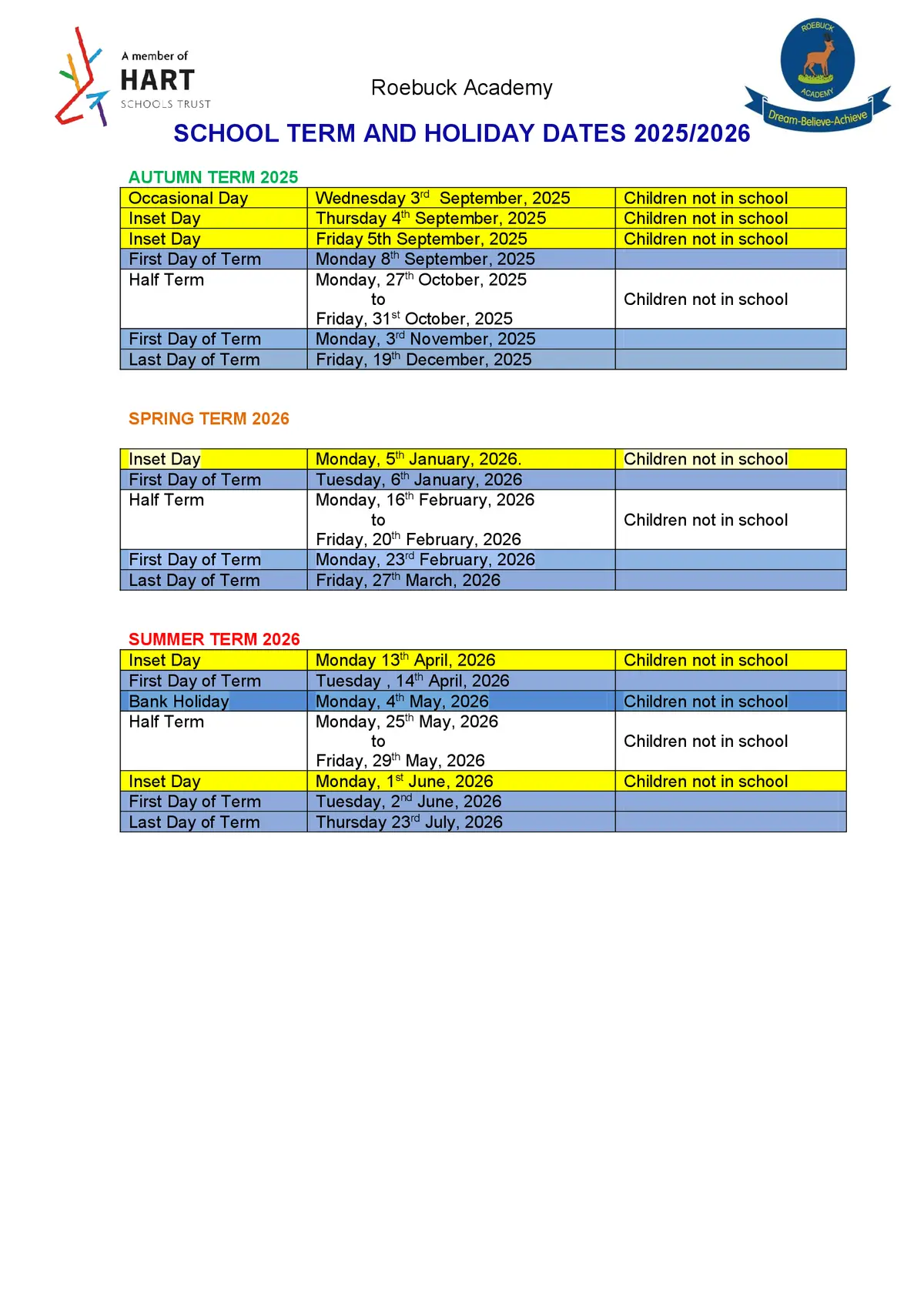 Roebuck Academy term dates