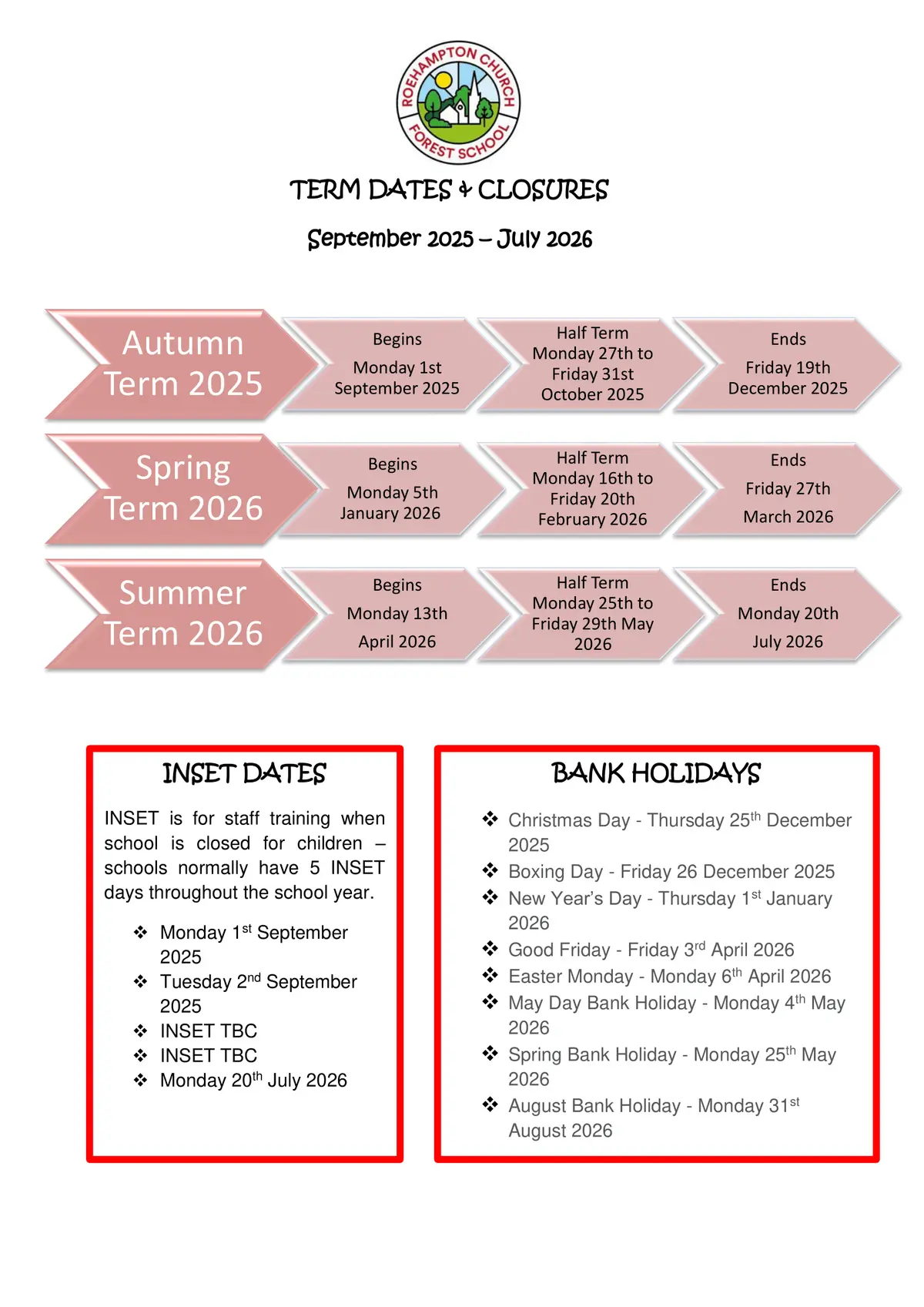 Roehampton Church Forest Primary School term dates