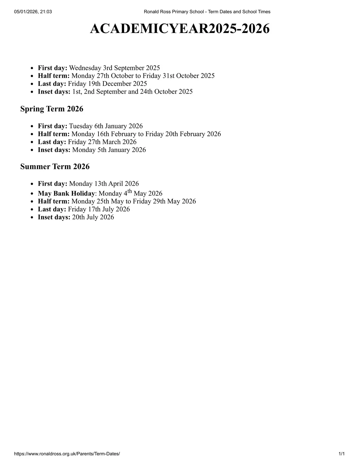 Ronald Ross Primary School term dates