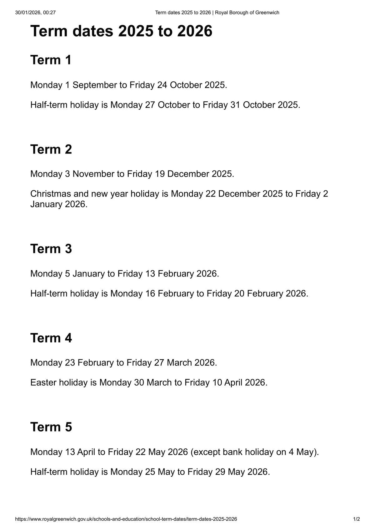 Royal Greenwich Trust School term dates