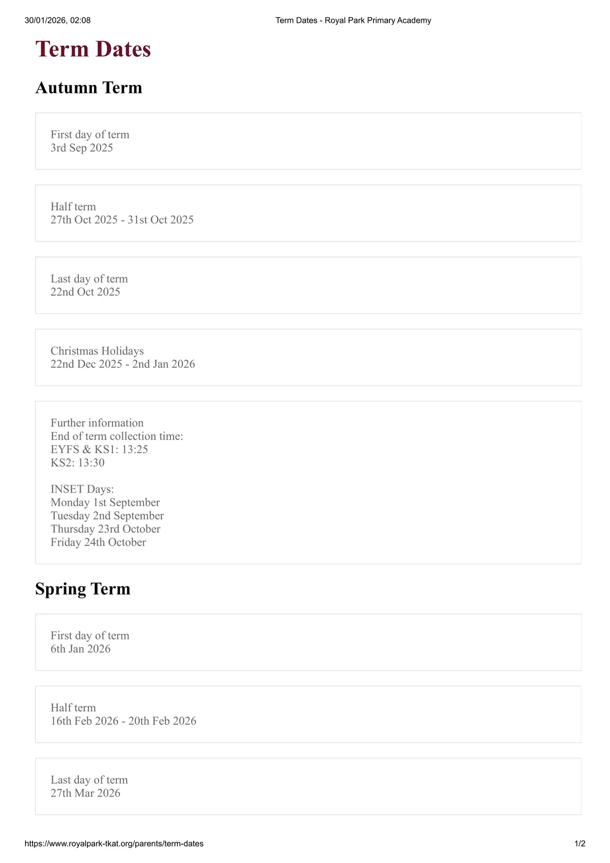 Royal Park Primary Academy term dates