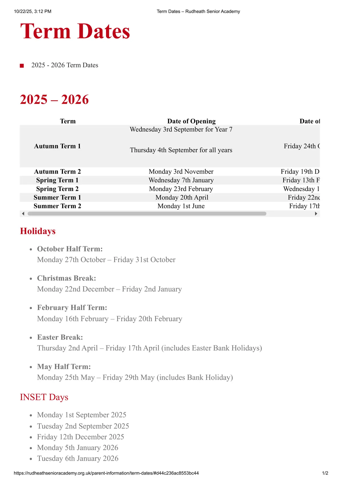 The Rudheath Senior Academy term dates