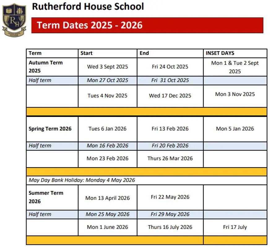 Rutherford House School term dates