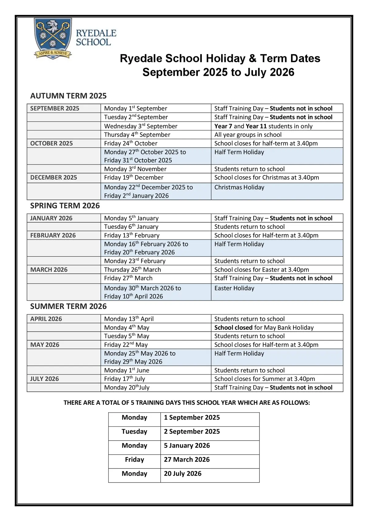 Ryedale School term dates