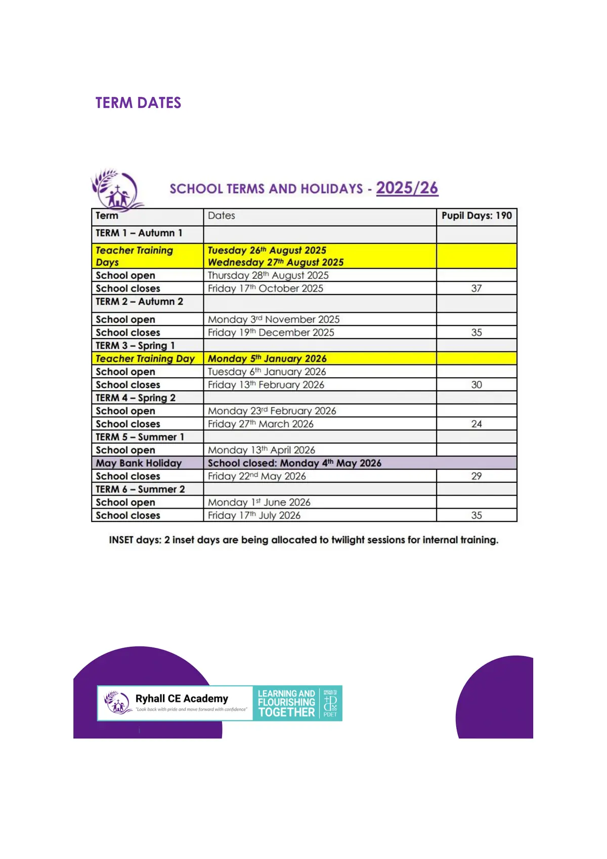 Ryhall CofE Academy term dates