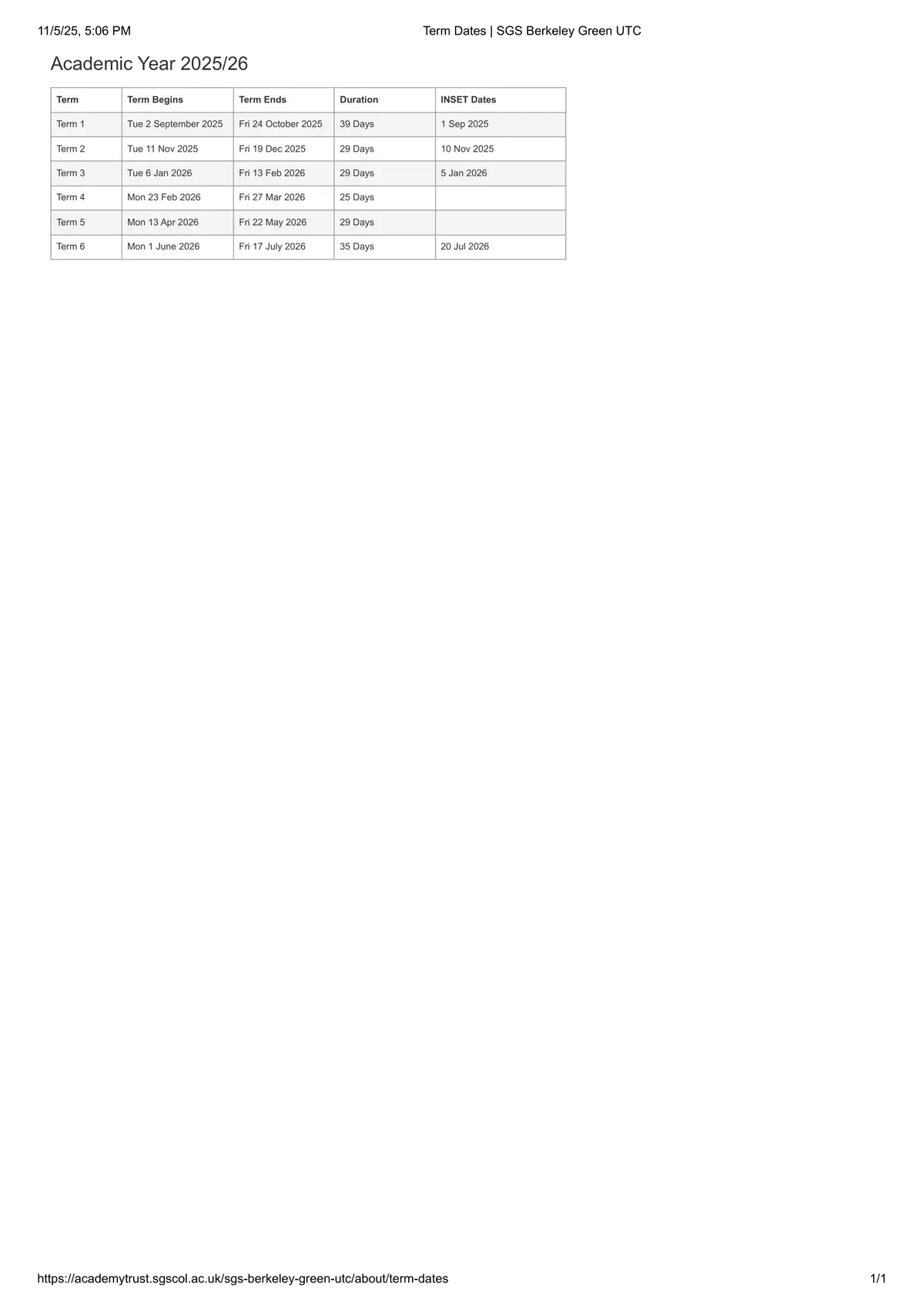 SGS Berkeley Green UTC term dates
