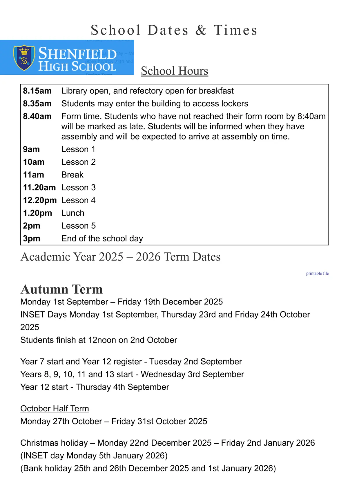 Shenfield High School term dates