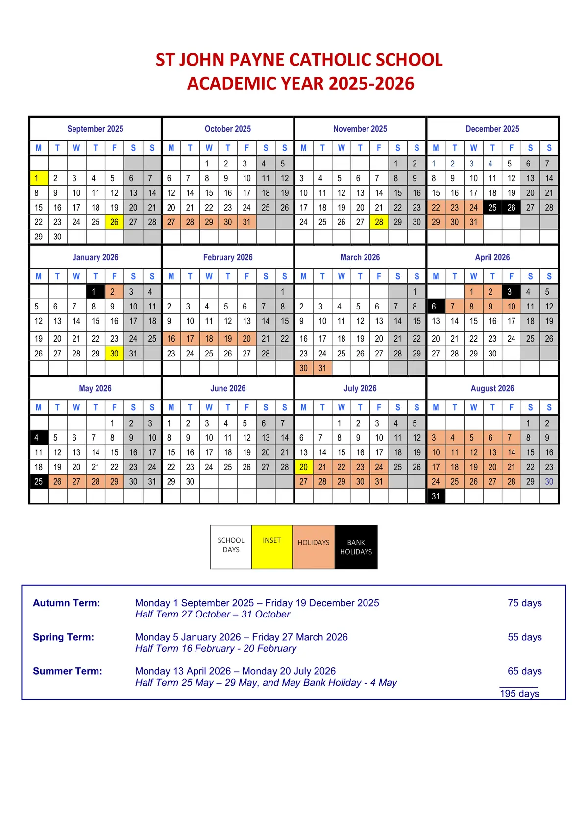 St John Payne Catholic School, Chelmsford term dates
