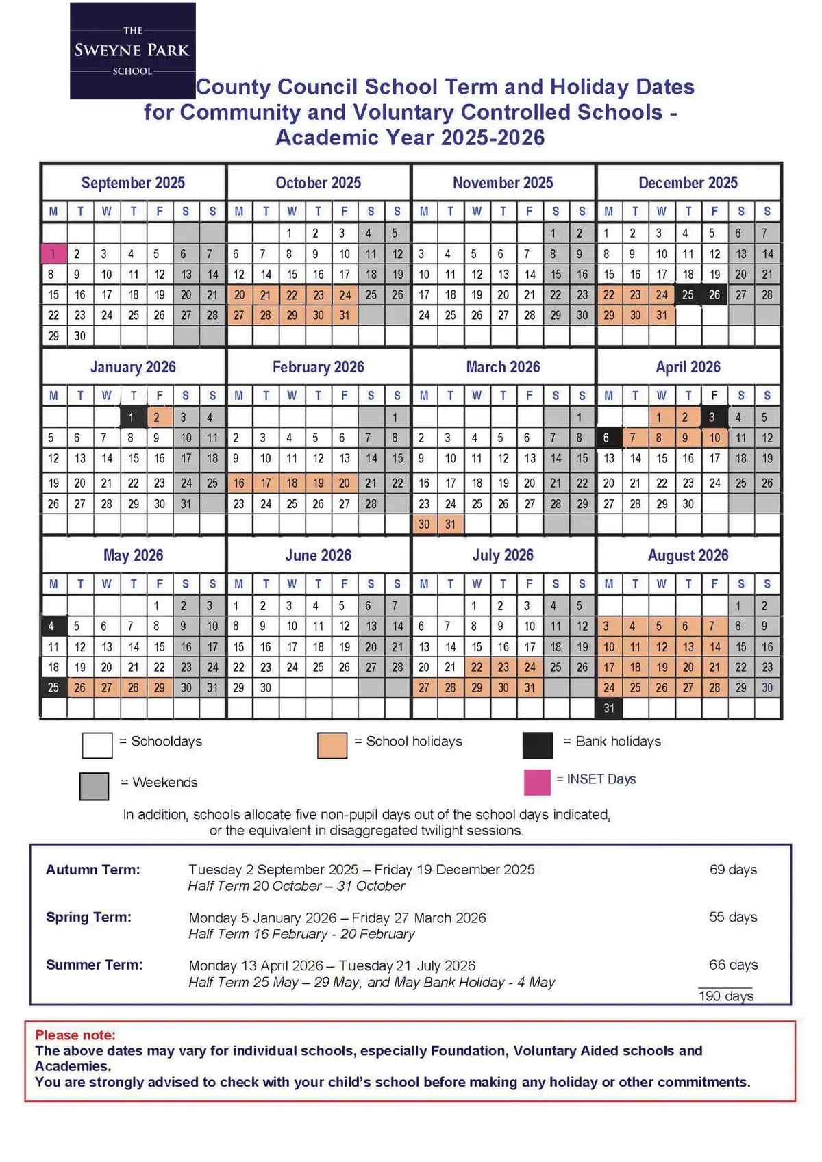 The Sweyne Park School term dates
