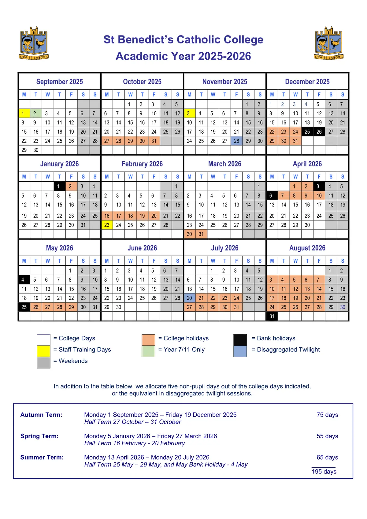 St Benedict's Catholic College term dates