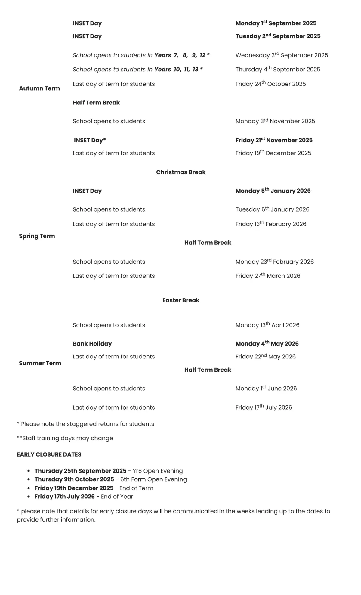 St Thomas More Catholic Academy term dates