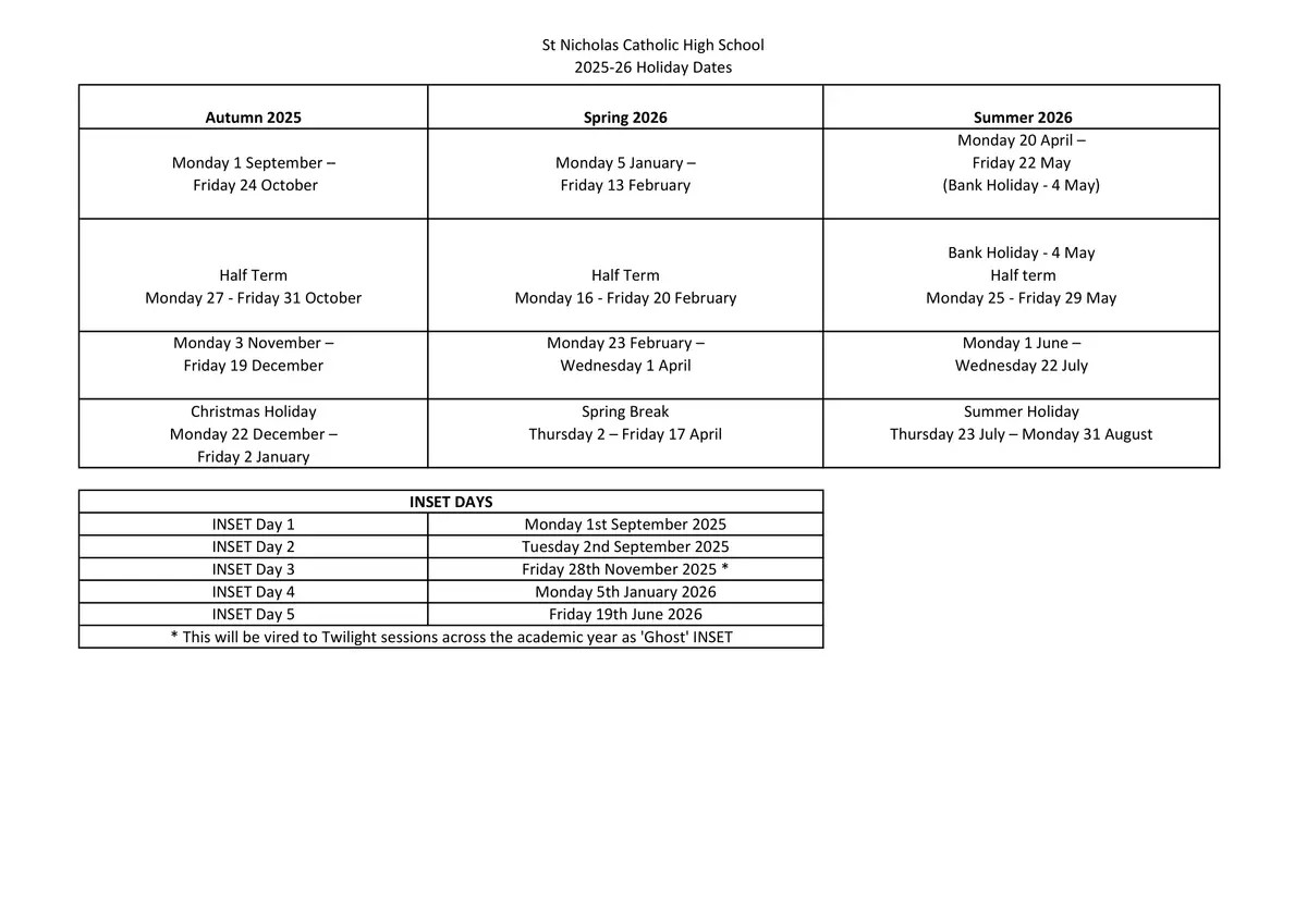 St Nicholas Catholic High School term dates