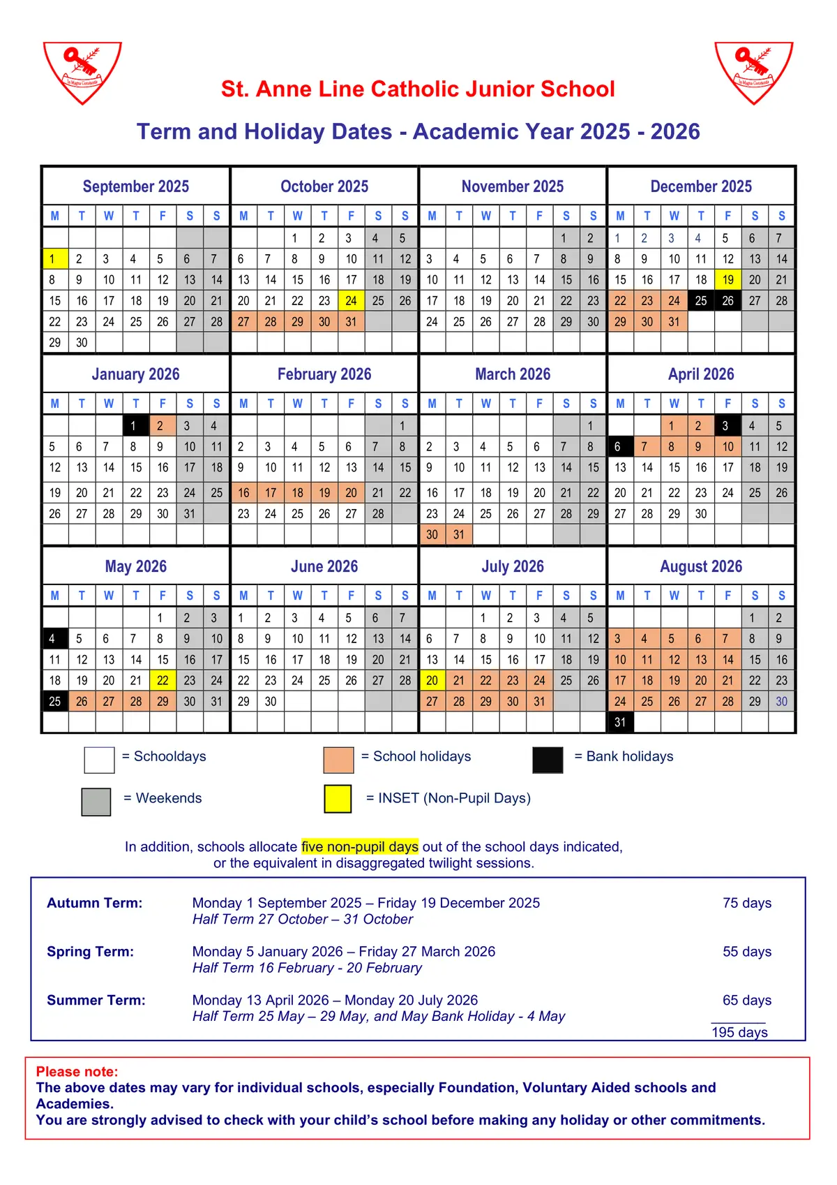 St Anne Line Catholic Junior School term dates