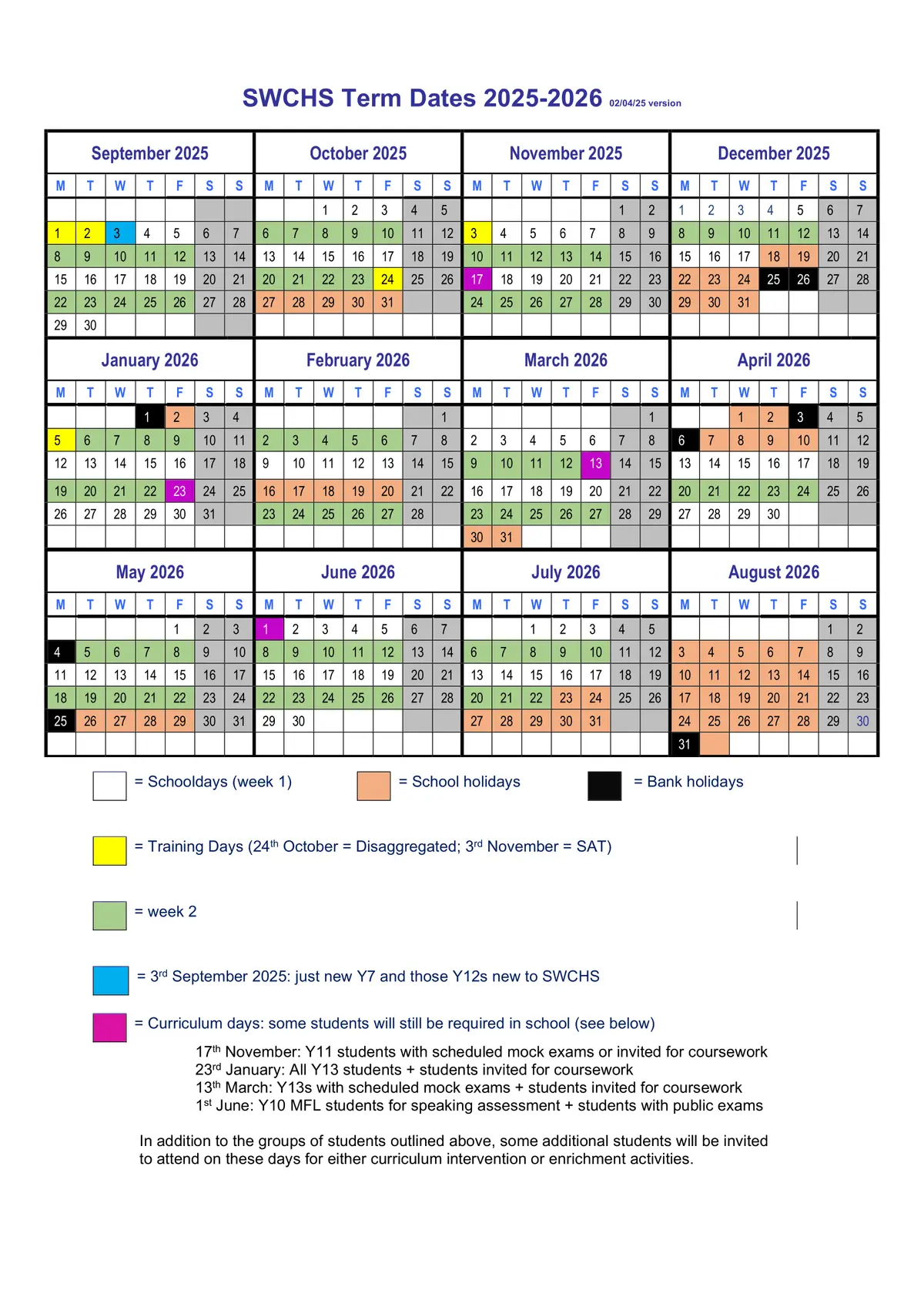 Saffron Walden County High School term dates