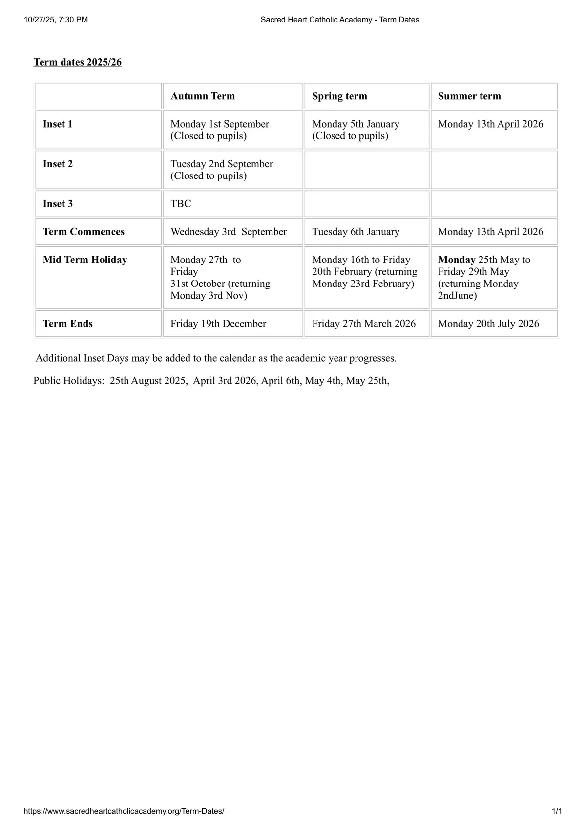 Sacred Heart Catholic Academy term dates