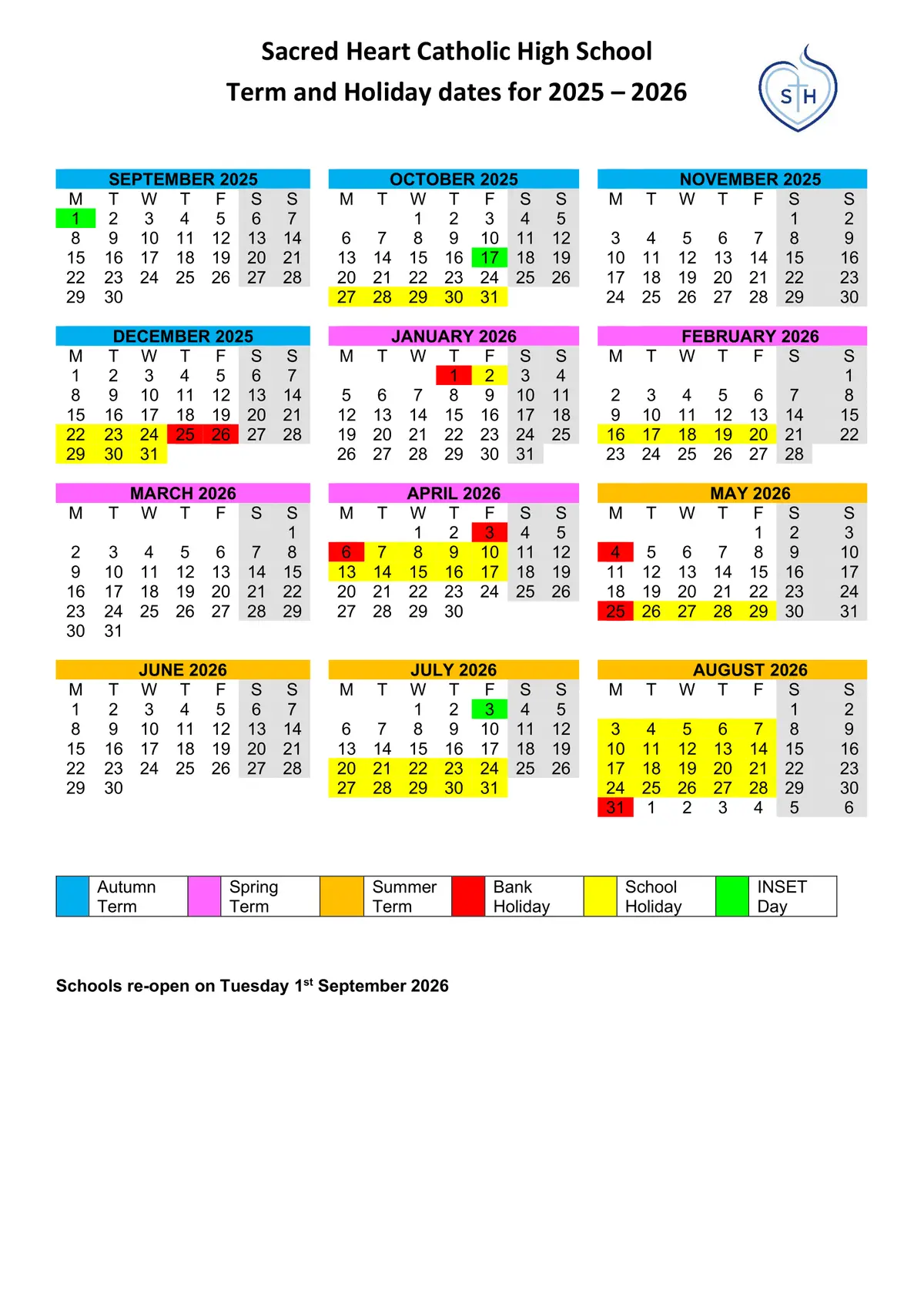 Sacred Heart Catholic High School term dates