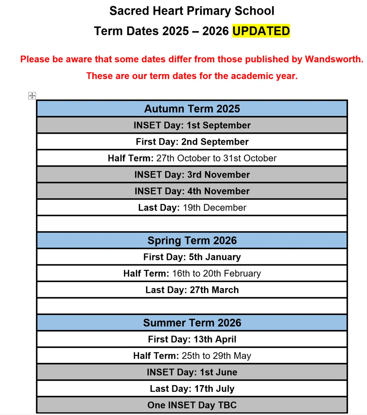 Sacred Heart Primary School term dates