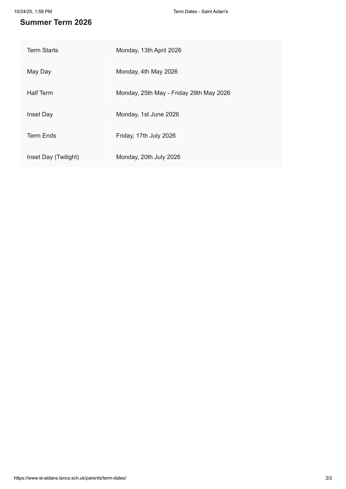 Saint Aidan's Church of England High School term dates