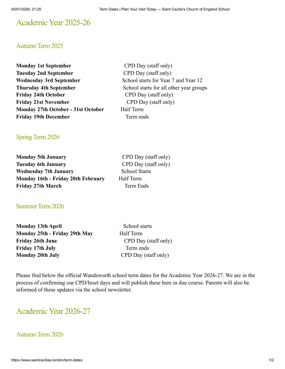 Saint Cecilia's Church of England School term dates