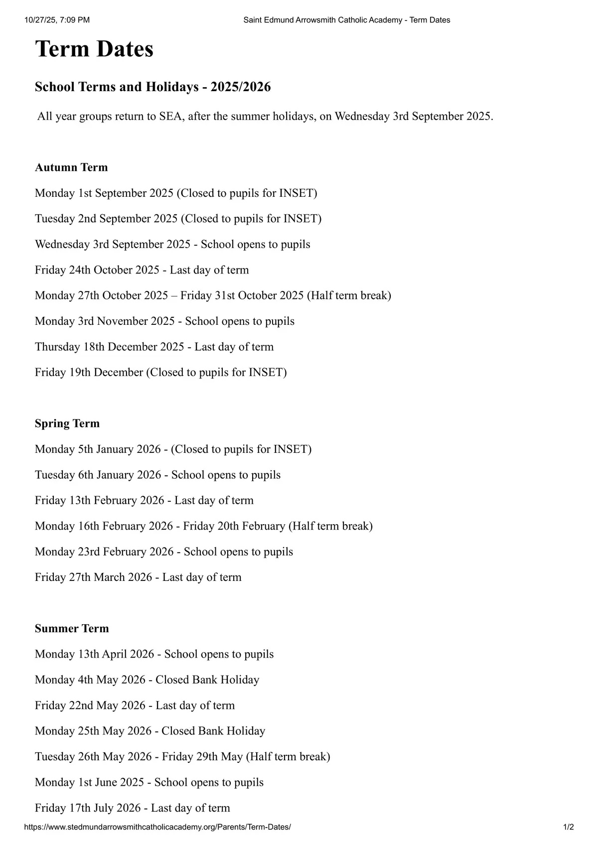 Saint Edmund Arrowsmith Catholic Academy term dates