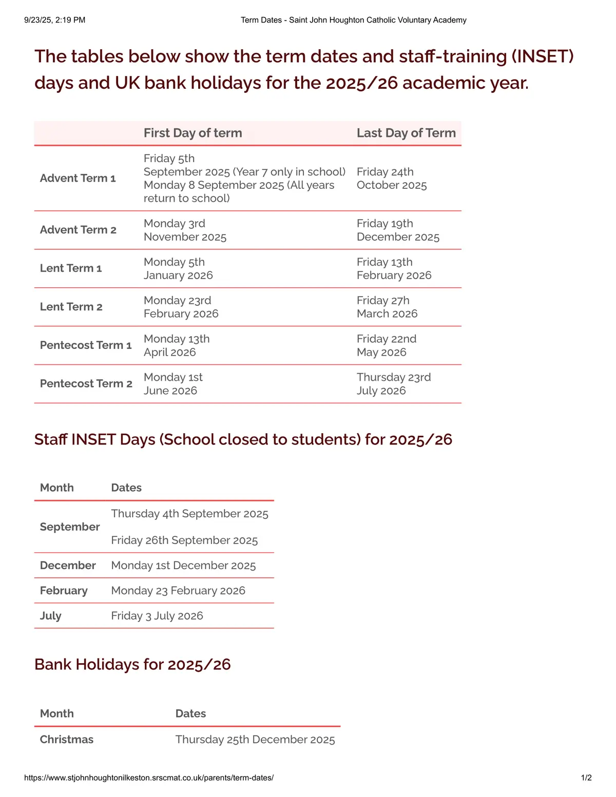 Saint John Houghton Catholic Voluntary Academy term dates