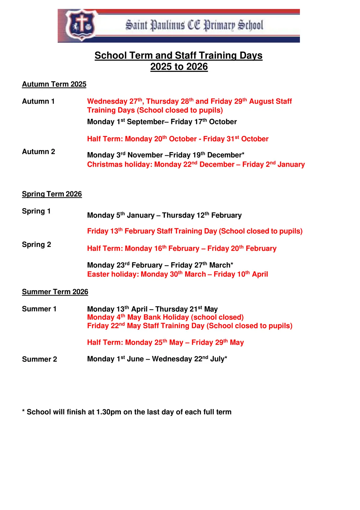 Saint Paulinus Catholic Primary School, A Catholic Voluntary Academy term dates