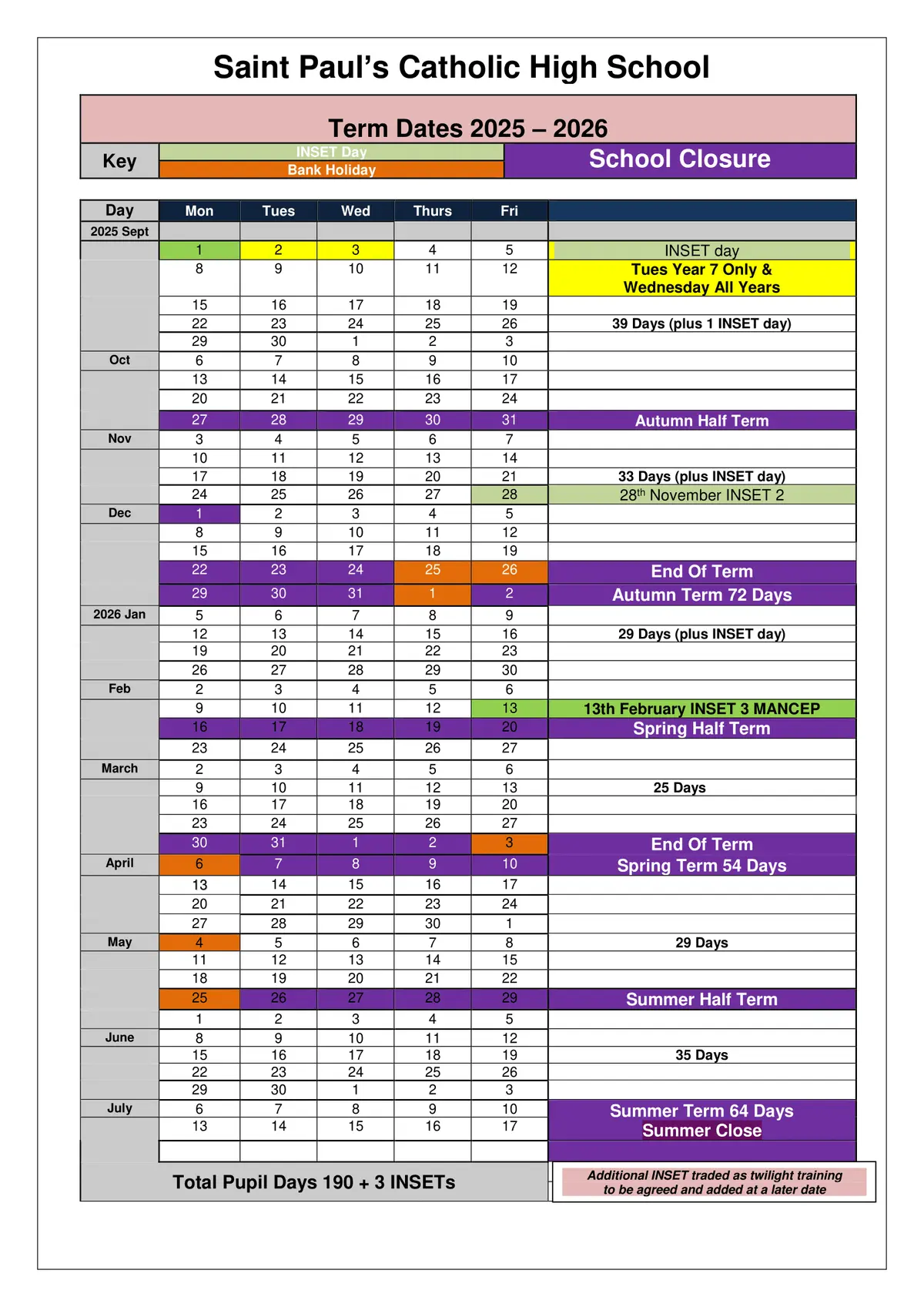 Saint Paul's Catholic High School term dates