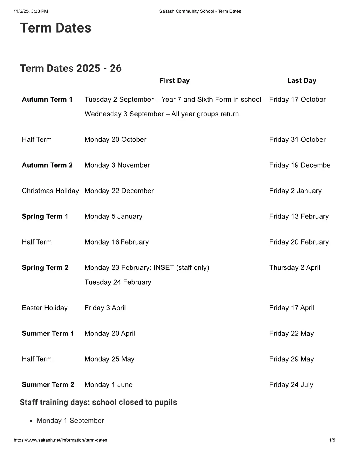 Saltash Community School term dates
