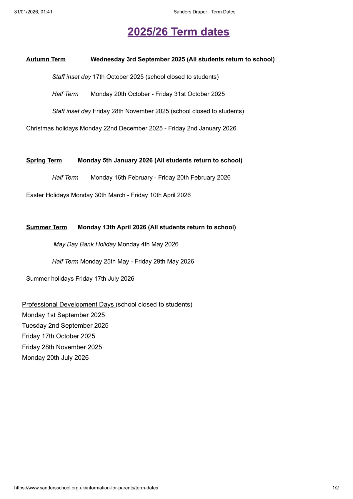 Sanders Draper term dates