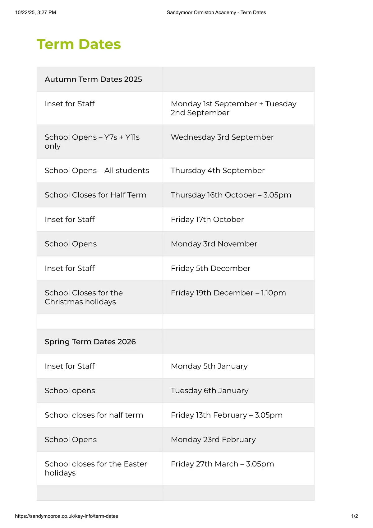 Sandymoor Ormiston Academy term dates