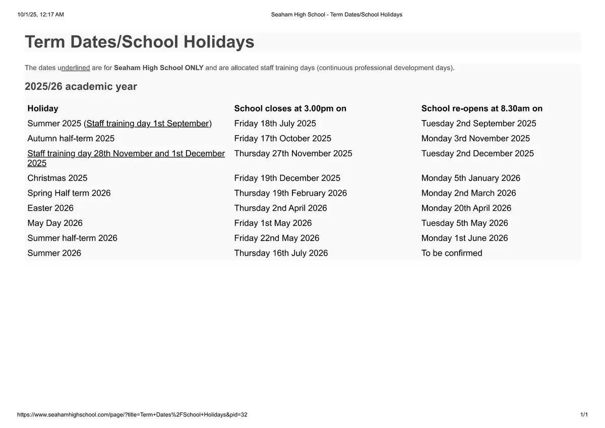 Seaham High School term dates