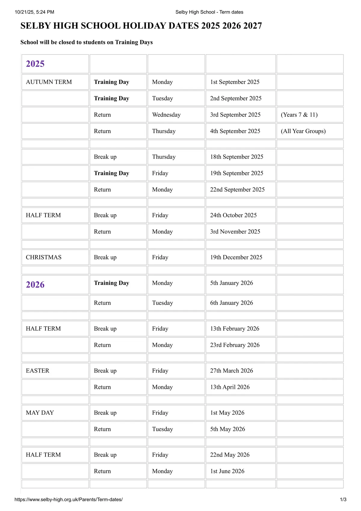 Selby High School Specialist School for the Arts and Science term dates