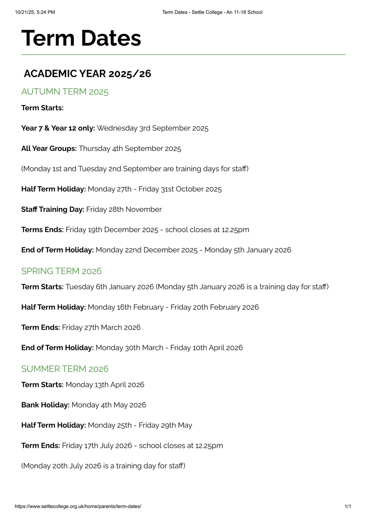 Settle College term dates