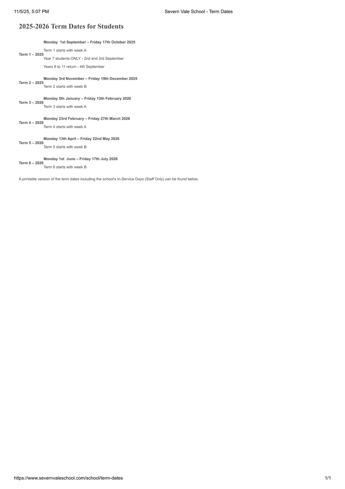 Severn Vale School term dates