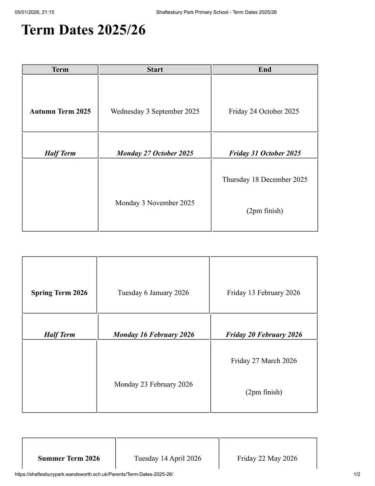 Shaftesbury Park Primary School term dates