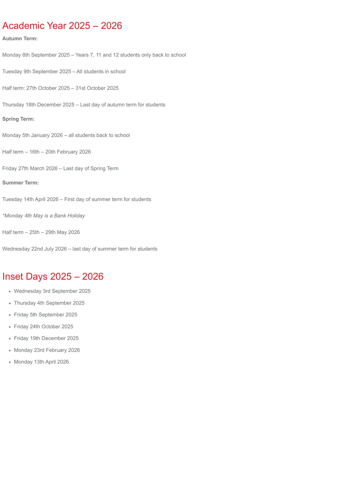 Shaftesbury School term dates