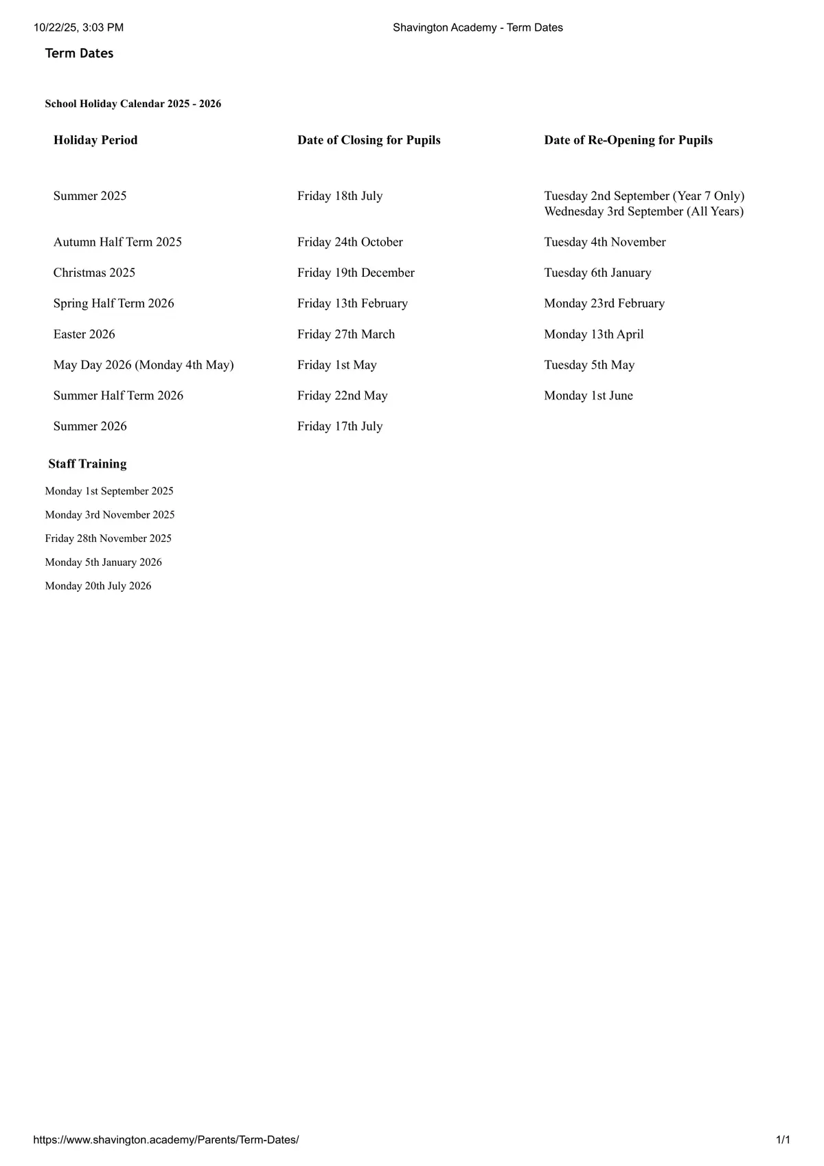 Shavington Academy term dates